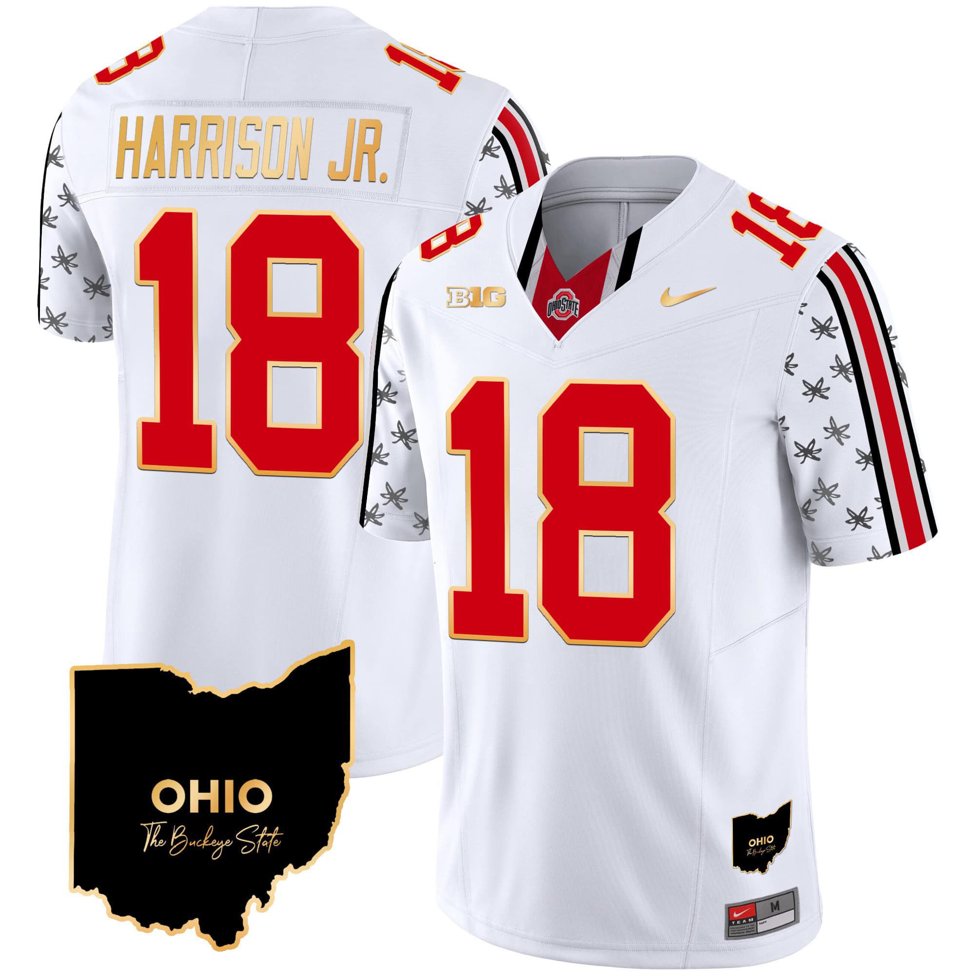 Men Ohio State Buckeyes #18 Harrison jr White 2024 Nike Home Patch Gold Trim Vapor Limited NCAA Jersey